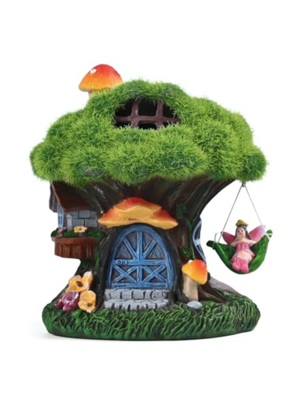 Fairy House Outdoor Statues with Solar Light for Garden Decor, Green Moss Resin